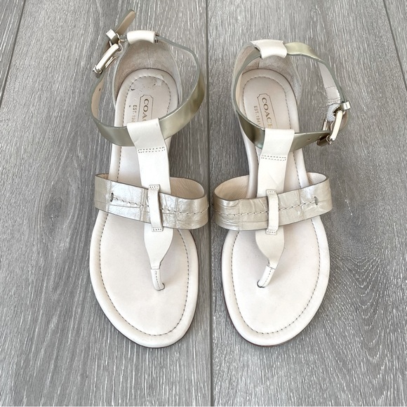 Coach Shoes - Coach Velvet Vachetta Low Wedge T-Strap Sandals in Gold & Cream Summer Resort